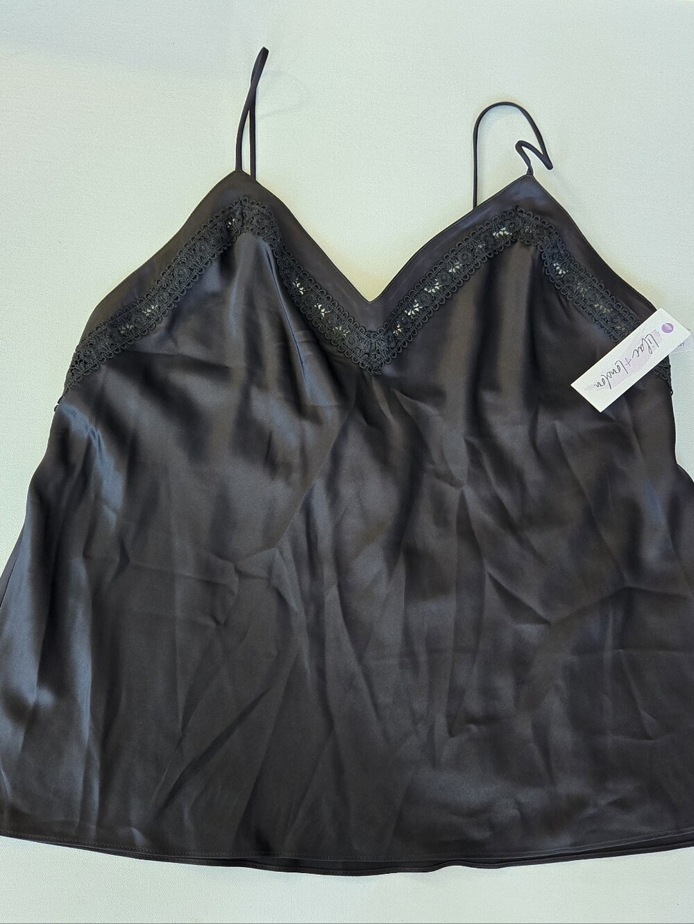 Lilac + London Midnight Rebel Black Satin Lace Trim Pajama Cami Top Size XL NWT